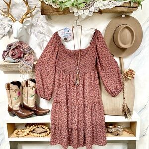 Balloon sleeves prairie dusty rose boho floral tiered dress country peasant vibe